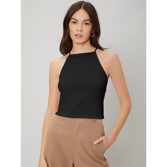 ruched SMOCKED DRAWSTRING backless CAMI crop TOP black - Picture 2 of 11